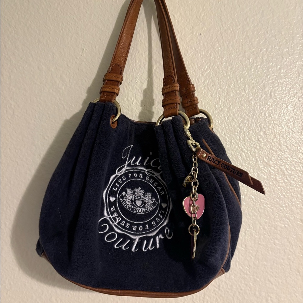 Vintage Juicy Couture Navy Suede Logo Tote with Brown Leather Handles